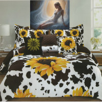 7 Piece Comforter Set Cow Print and Sunflowers Queen & King Size