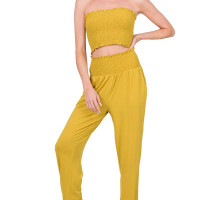 Zenana Outfitters  Smocked Tube Top & Jogger Pants  Smocked waist & cuffs Pleated Pants Lounge Set Golden Wasabi