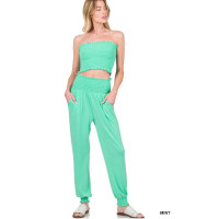 Zenana Outfitters  Smocked Tube Top & Jogger Pants  Smocked waist & cuffs Pleated Pants Lounge Set Mint