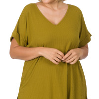 Plus Size Ribbed Knit Top Short Sleeve V-Neck With Side Slits Olive Mustard