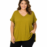 Plus Size Ribbed Knit Top Short Sleeve V-Neck With Side Slits Olive Mustard