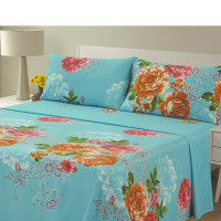 Floral Print Bed Sheets Set 4-pc Red Roses on a Blue Base Queen & King Size