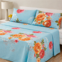 Floral Print Bed Sheets Set 4-pc Red Roses on a Blue Base Queen & King Size