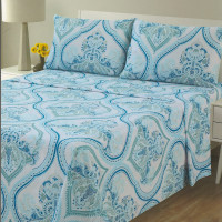 4 Piece Printed Bed Sheets Set Soft Blue Geometric Pattern Hotel Quality Luxury