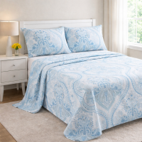 4 Piece Printed Bed Sheets Set Soft Blue Geometric Pattern Hotel Quality Luxury