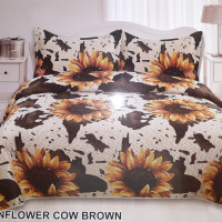 Brown Cow Print & Sunflowers  Western Bedding Set Luxury Velvet Oversized 3Pc Set