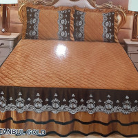 Istanbul Gold  Luxury Velvet Coverlet with Ruffle Vintage Royal Design Bedspread