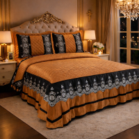 Istanbul Gold  Luxury Velvet Coverlet with Ruffle Vintage Royal Design Bedspread