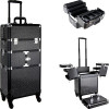 VT017 - Black Krystal Pattern 3-Tiers Accordion Trays 4-Wheels Professional Rolling Aluminum Cosmetic Makeup Case and 6-Tiers Extendable Trays with Dividers