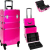 VT003X - Magenta Glitter 4-Wheels Detachable Professional Rolling Aluminum Cosmetic Makeup Case Extendable and Removable Trays with Dividers