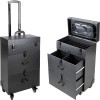 VT015X - Large Black Leatherette 4-Wheels Nail Artist Pro Rolling Case with 2 Drawers, Foundation holder