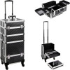 VT019 - Black Stripe Pattern 4-Tiers Accordion Trays 4-Wheels Professional Rolling Aluminum Cosmetic Makeup Case