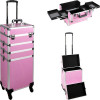 VT020 - Pink Stripe Pattern 4-Tiers Accordion Trays 4-Wheels Professional Rolling Aluminum Cosmetic Makeup Case with 2 Removable Trays