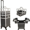 JMT002 - Black Crystal Pattern 2-Tiers Accordion Trays 4-Wheels Professional Rolling Aluminum Cosmetic Makeup Case and Nail Case with Clear Panel Foundation Holder & Dividers