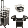 JMT002 - Black Stripe Pattern 2-Tiers Accordion Trays 4-Wheels Professional Rolling Aluminum Cosmetic Makeup Case and Nail Case with Clear Panel Foundation Holder & Dividers