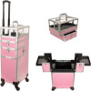 JMT002 - Pink Stripe Pattern 2-Tiers Accordion Trays 4-Wheels Professional Rolling Aluminum Cosmetic Makeup Case and Nail Case with Clear Panel Foundation Holder & Dividers