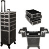 JMT003 - Black Crystal Pattern 3 Stackable and 2-Tiers Accordion Trays 4-Wheels Professional Rolling Aluminum Cosmetic Makeup Case and Nail Case with Foundation Holder & Dividers