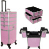 JMT003 - Pink Crystal Pattern 3 Stackable and 2-Tiers Accordion Trays 4-Wheels Professional Rolling Aluminum Cosmetic Makeup Case and Nail Case with Foundation Holder & Dividers