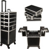 JMT003 - Black Stripe Pattern 3 Stackable and 2-Tiers Accordion Trays 4-Wheels Professional Rolling Aluminum Cosmetic Makeup Case and Nail Case with Foundation Holder & Dividers