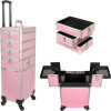 JMT003 - Pink Stripe Pattern 3 Stackable and 2-Tiers Accordion Trays 4-Wheels Professional Rolling Aluminum Cosmetic Makeup Case and Nail Case with Foundation Holder & Dividers