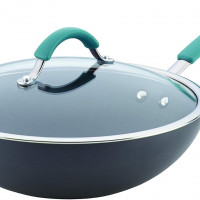 Rachael Ray Cucina Hard Anodized Nonstick Wok Pan   with Lid  11-Inch Covered Stir Fry  Gray with Blue Handles