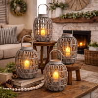 Farmhouse Decor Wicker Lanterns (Set of 4) Large Retro Rustic Rattan Lantern Woven Willow