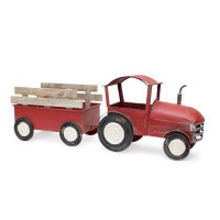 Iron Metal Tractor with Wagon Decor with Wood Accents 27.5"L