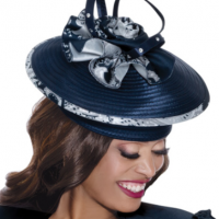 GMI Hat Size 01 Navy Silver Color Fascinator-Style features a circular base with floral and ribbon accents: A perfect match for GMI Church Dresses