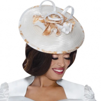 GMI Hat Size 01 White/Gold Color Fascinator-Style features a circular base with floral and ribbon accents: A perfect match for GMI Church Dresses