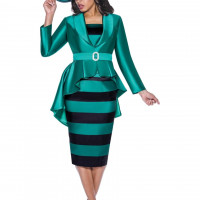 GMI Church Dress Plus Size Skirt Suit features a peplum design jacket  horizontal stripe skirt and a wide belt at the waist with a decorative buckle