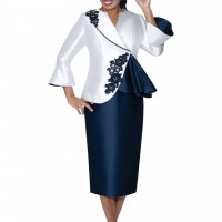 GMI Church Dress Plus size – Navy & White Peplum Jacket with Floral Appliqué and Embelished Details
