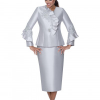 GMI Elegant Plus Size Church Dress Two-Piece Formal Suit Featuring Asymmetric Ruffled Jacket with Lace and Bead Embellishments