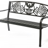 Gardenised 34 x 50 x 24 in. Steel Outdoor Patio Garden Park Bench with Cast Iron American Flag Backrest Black