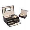 International Black Leather 2 Level Jewelry Box with 3 Drawers Removable Travel Tray Mirror & Locking Clasp