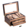 International Walnut Lacquered Wood 3 Level Jewelry Box with Gold Accents Locking Lid