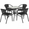 Flash Furniture 28 in. Rattan Edging Square Glass Table & 4 Stack Chair Black