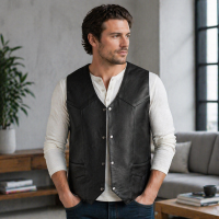 Men’s Black Leather Vest Casual Classic Snap Front Everyday Wear
