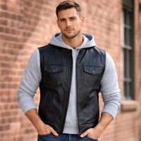 Men’s Leather Motorcycle Club Vest Concealed Carry SOA Style Snap Zip Black