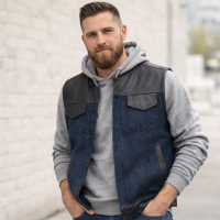 Denim Blue SOA Club Vest Leather Trims Mens Biker Motorcycle Casual Streetwear