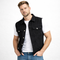 Men’s Black Denim Motorcycle Vest Snap Front Concealed Carry Lined
