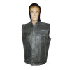 Distressed Gray Motorcycle Club Leather Vest with Hood