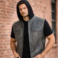 Men’s Distressed Gray Hooded Leather Vest Motorcycle Club Concealed Carry
