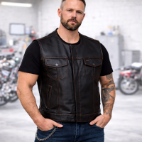 Mens Leather Motorcycle Club Vest Concealed Carry Biker Snap Zip