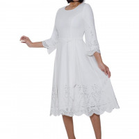 Divine Blessings Broderie Anglaise Elegant Midi Dress with Scalloped Hemline and Belted Waist