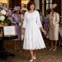 Blessings Broderie Anglaise Elegant Midi Dress with Scalloped Hemline and Belted Waist