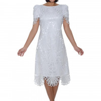 Divine Blessing White Guipure Lace Dress Elegant Tea-Length Style with Scalloped Hemline