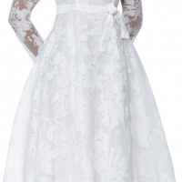 Divine Blessings Classic White Jacquard Dress with Sheer Long Sleeves and Flower Accent.
