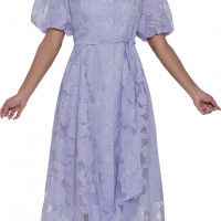 Divine Blessings Structured Waist Tied Sheer Midi Dress with Embroidered Sheer Puff Sleeves
