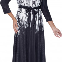 Divine Casuals Black/White Pleated Fit-and-Flare Midi Dress in Monochrome Brushstroke Print