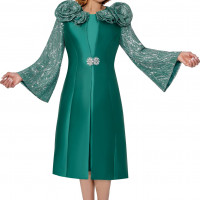 DCC Formal Green Church Dress with Dramatic Embellished Shoulders​ and Statement Rose Accents​